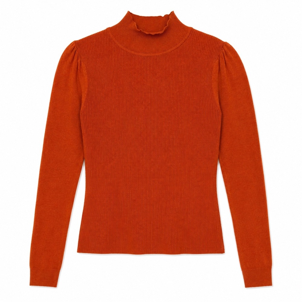 LPA Mock Neck Sweater Burnt Orange Puff Shoulder Large Wool Blend